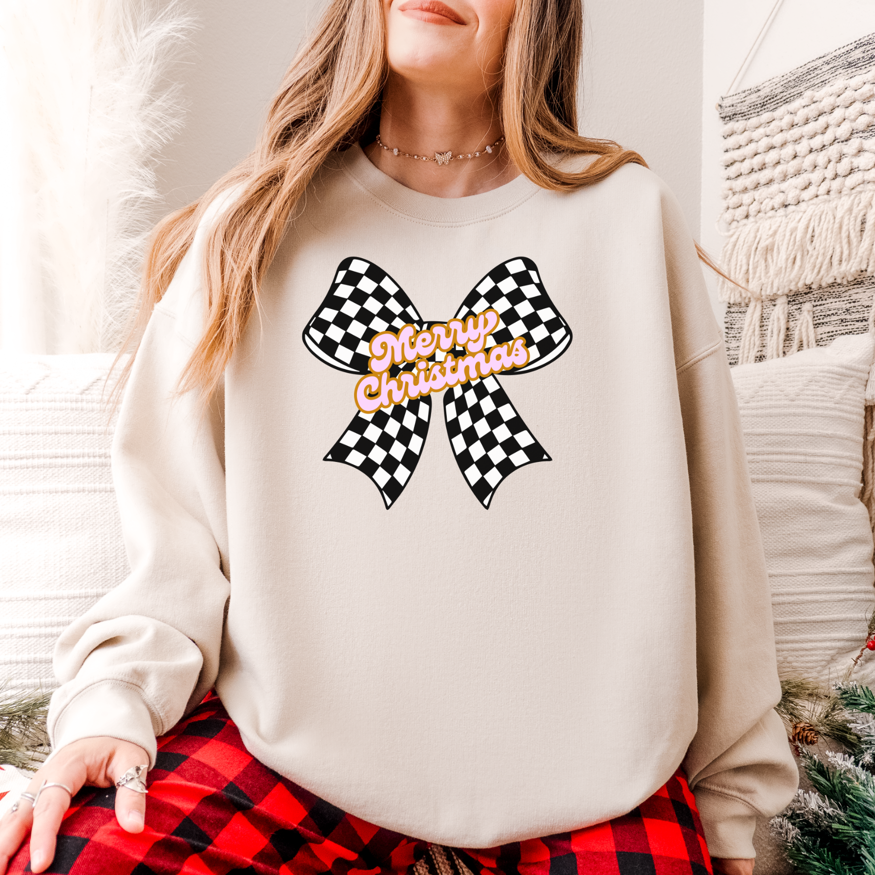 Merry Christmas Checkered Bow Sweater