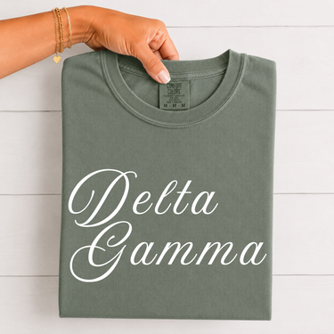 Delta Gamma White Script Letters T-Shirt