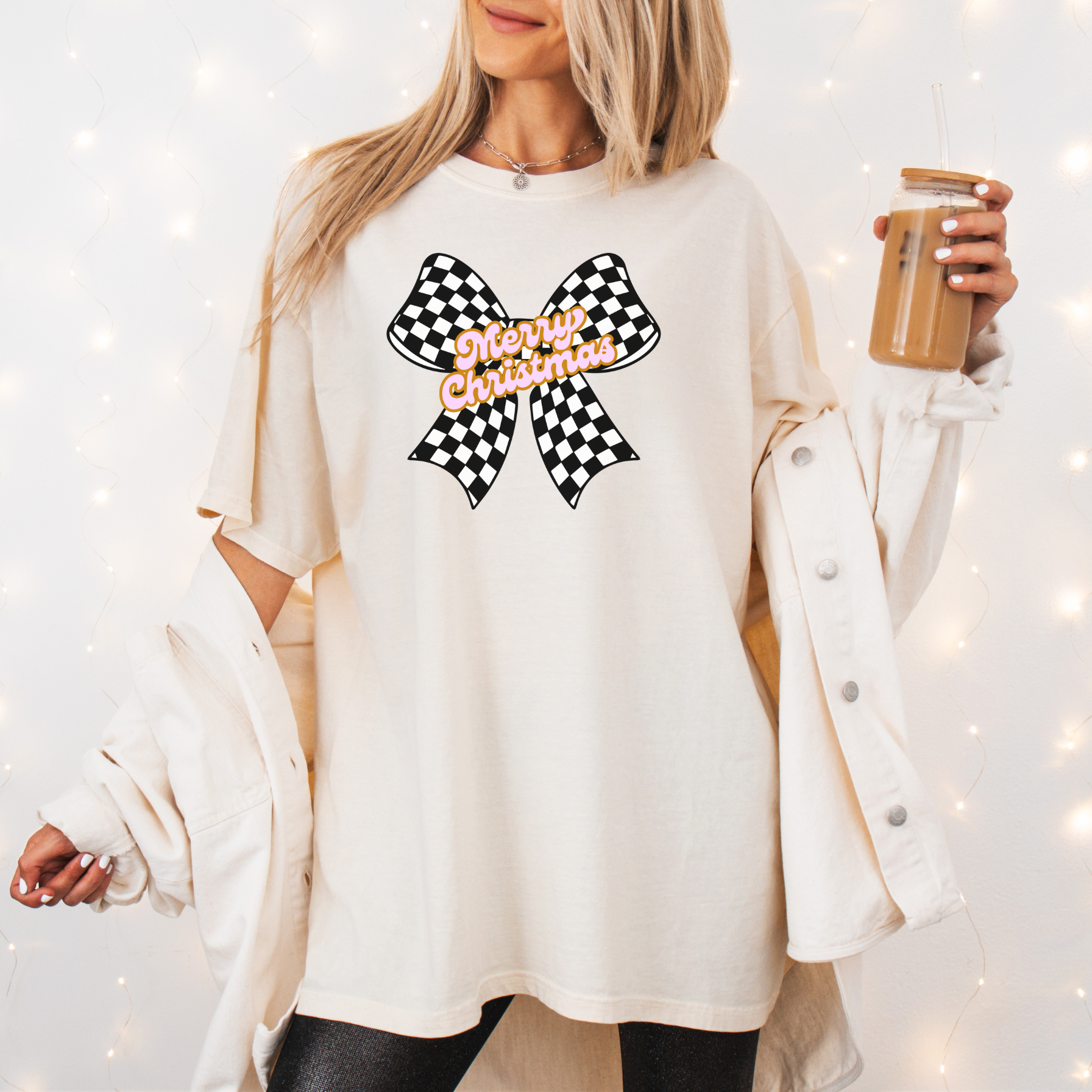 Merry Christmas Checkered Bow T-Shirt