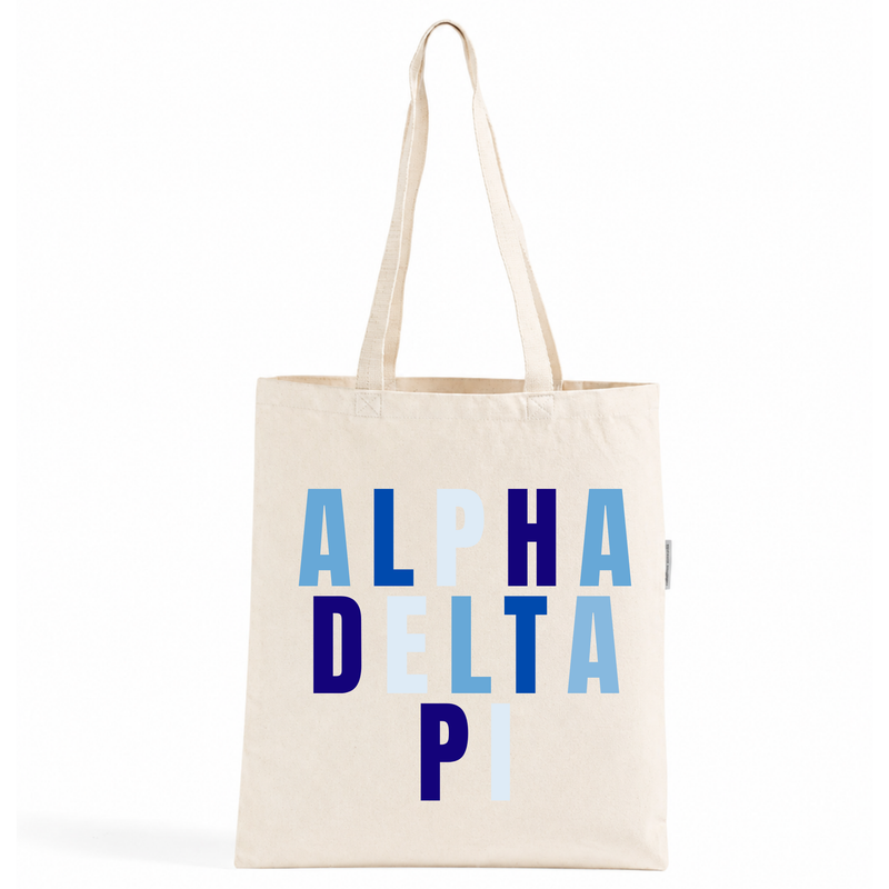 Alpha Delta Pi Blue and White Letters Tote Bag