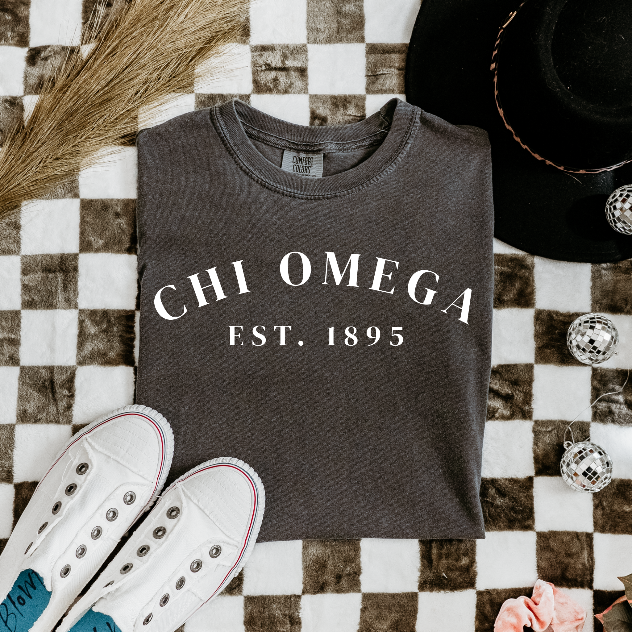 Chi Omega Est 1895 White Letters T-Shirt