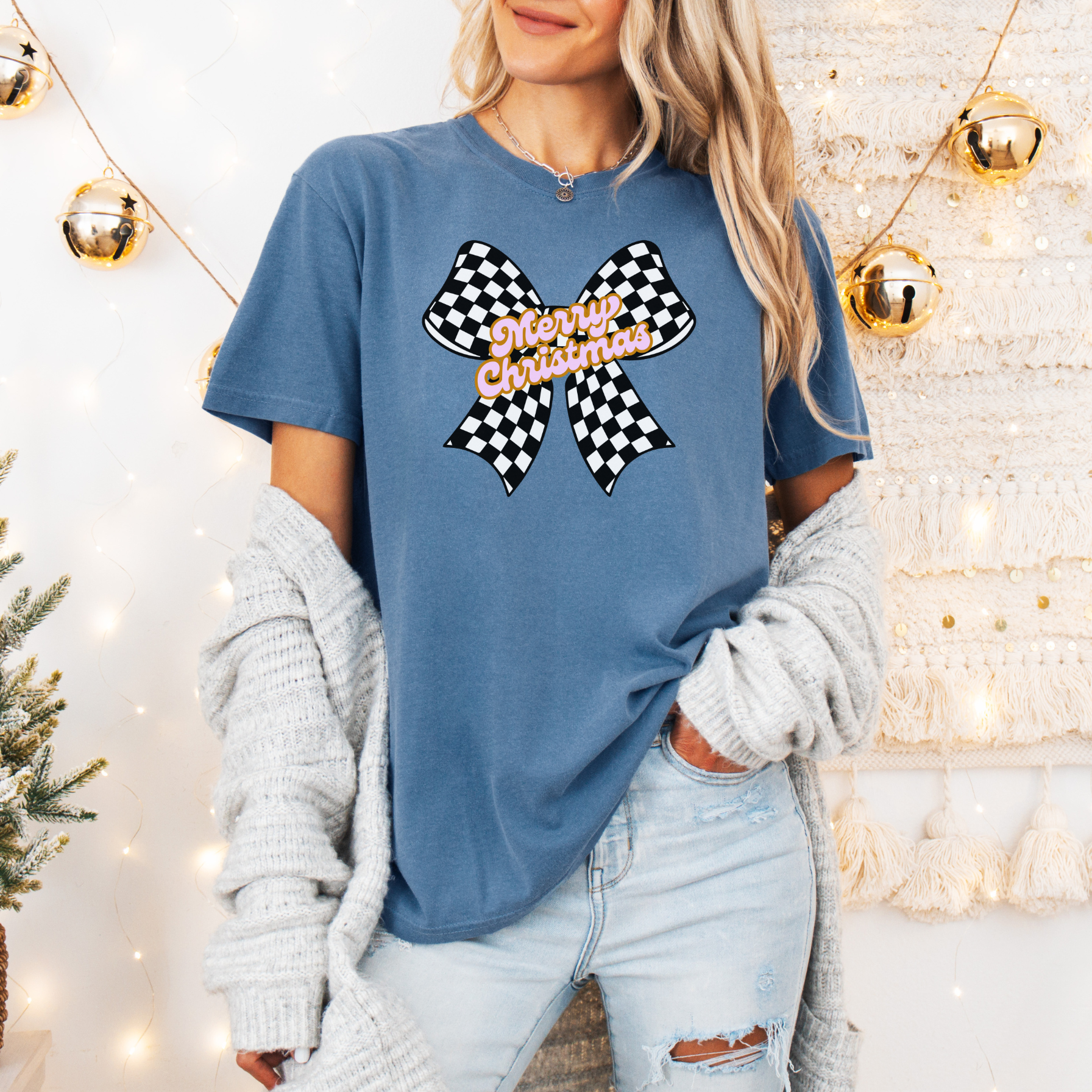 Merry Christmas Checkered Bow T-Shirt