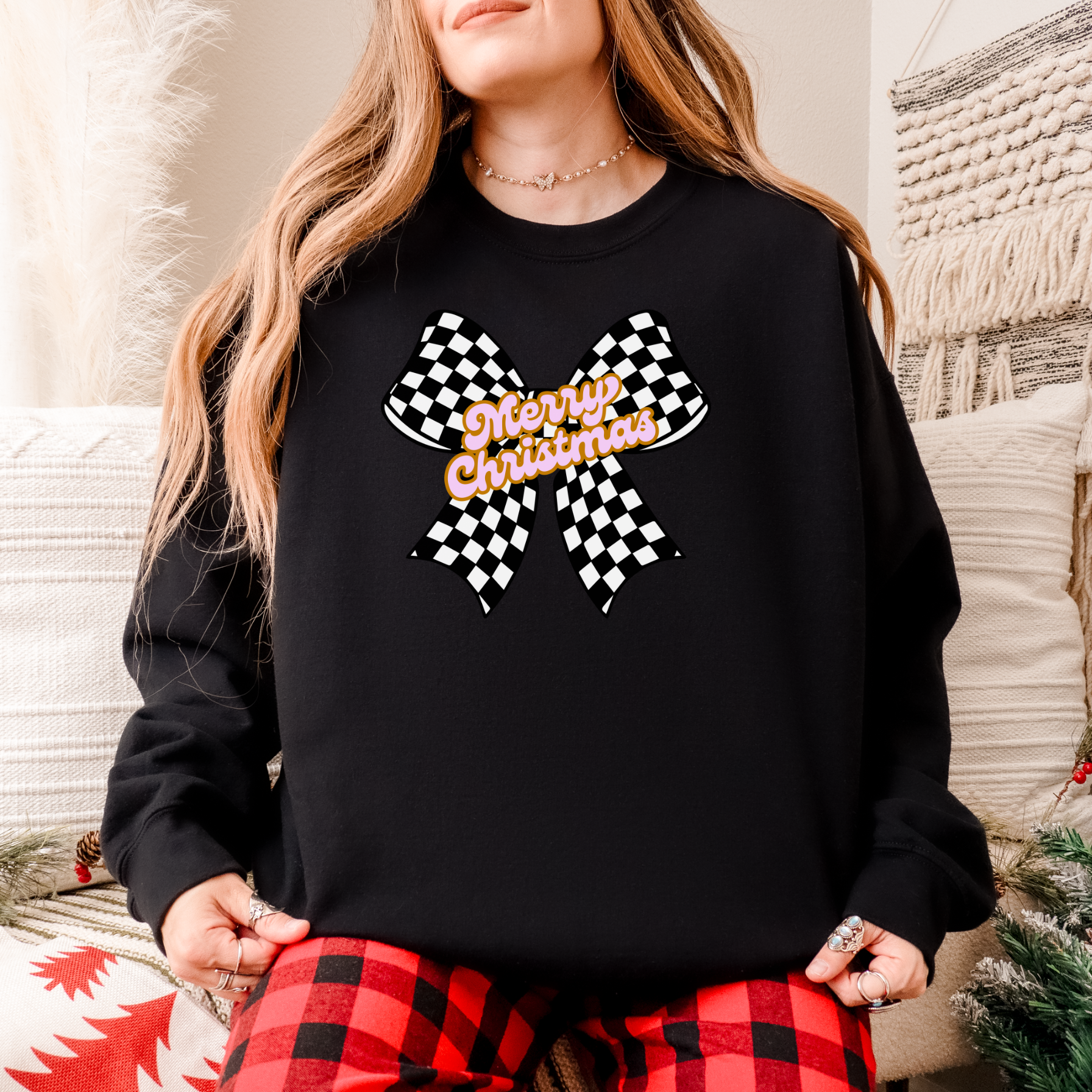 Merry Christmas Checkered Bow Sweater