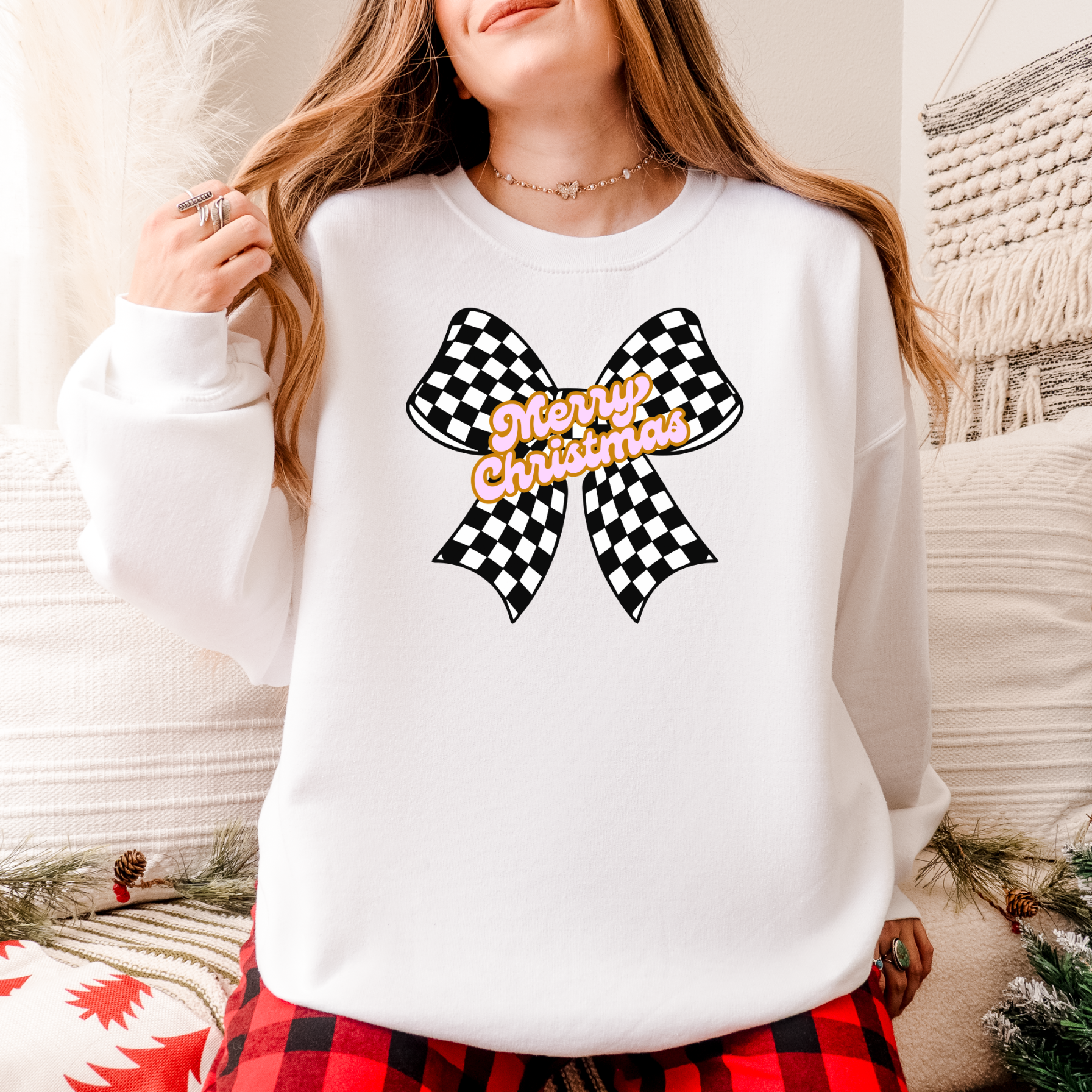 Merry Christmas Checkered Bow Sweater