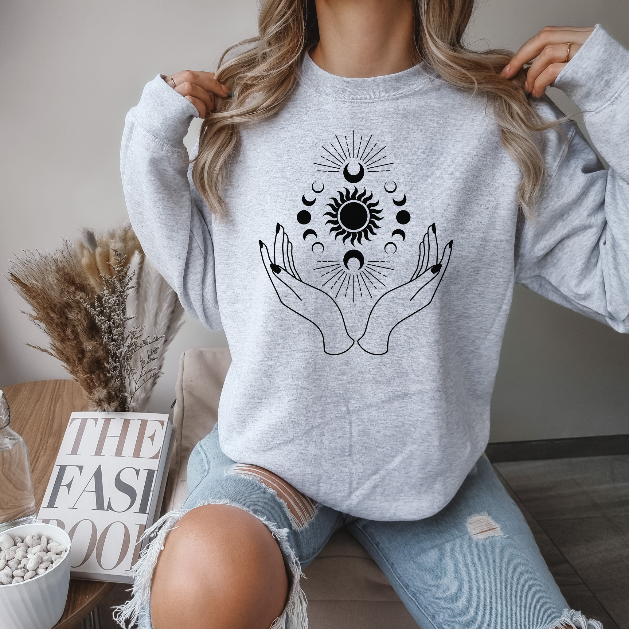 Hands and Moon Illustration Sweater